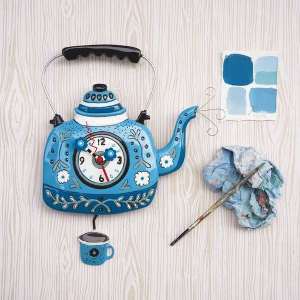 Allen Designs Tea Kettle with Teacup Sculpted Pendulum Wall Clock 14”- NEW